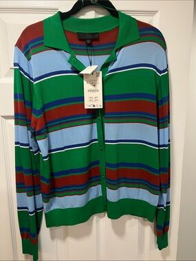 Zara Green, Light Blue & Red Striped Polo-Front Cardigan